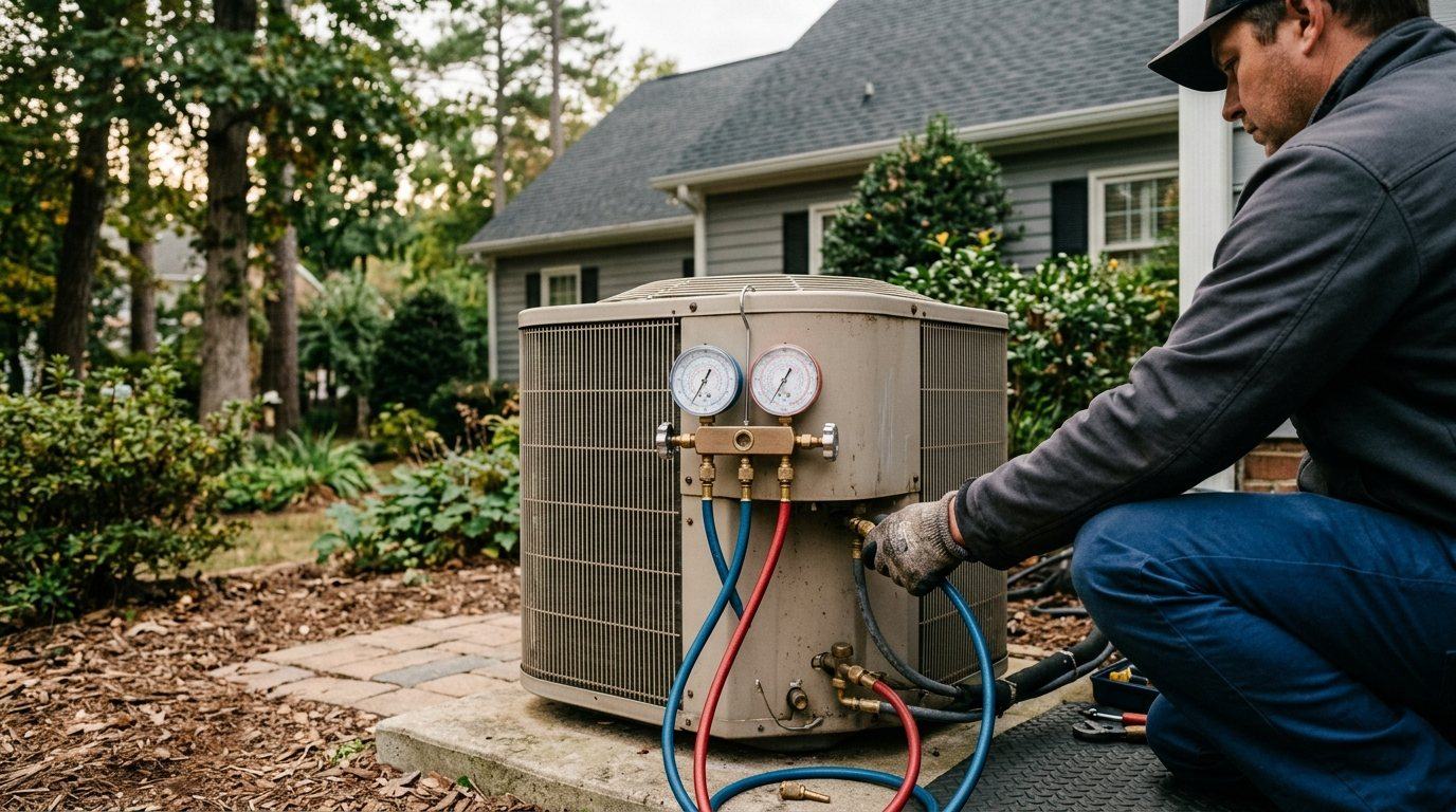 Gloved hands connecting a manifold gauge set to an outdoor AC unit