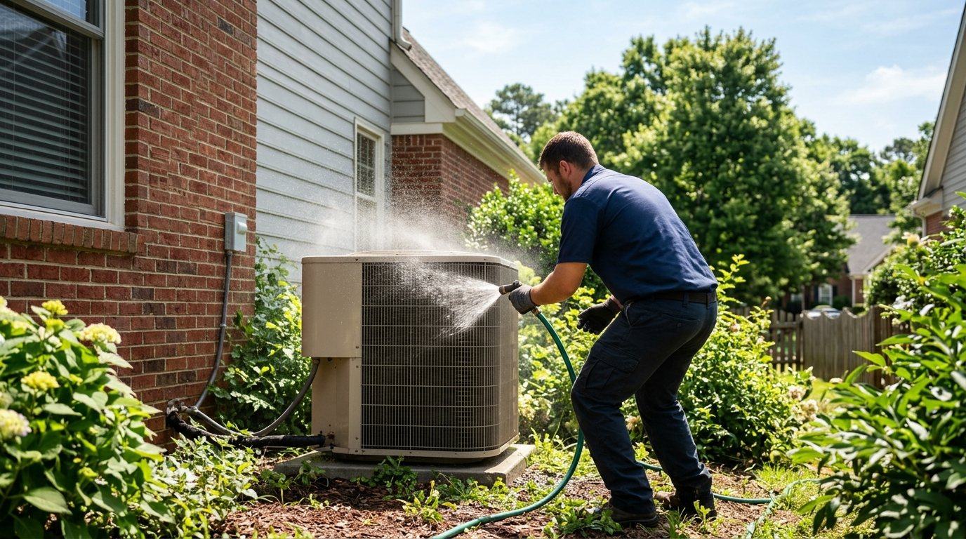 Technician rinsing the coil fins of an outdoor air conditioner with a hose