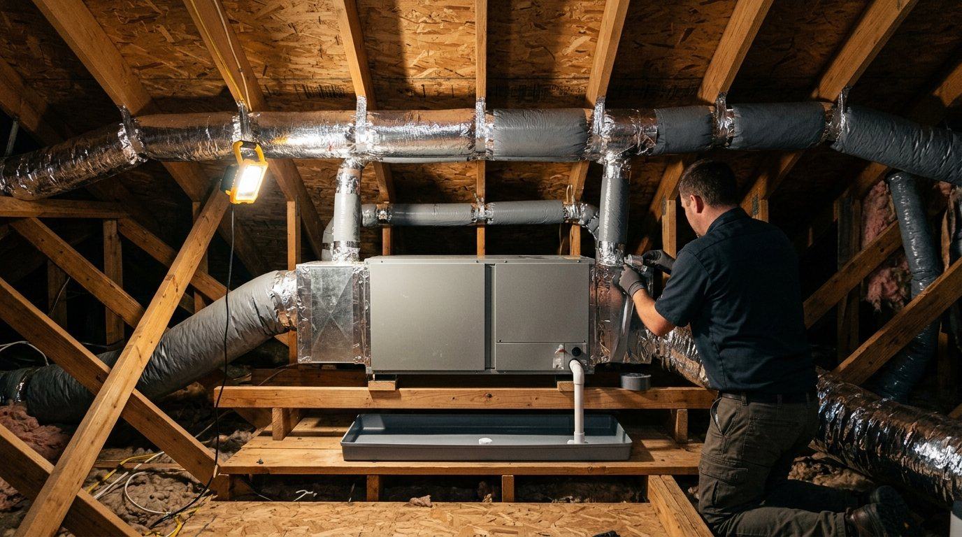 Air handler installed on a platform in a residential attic