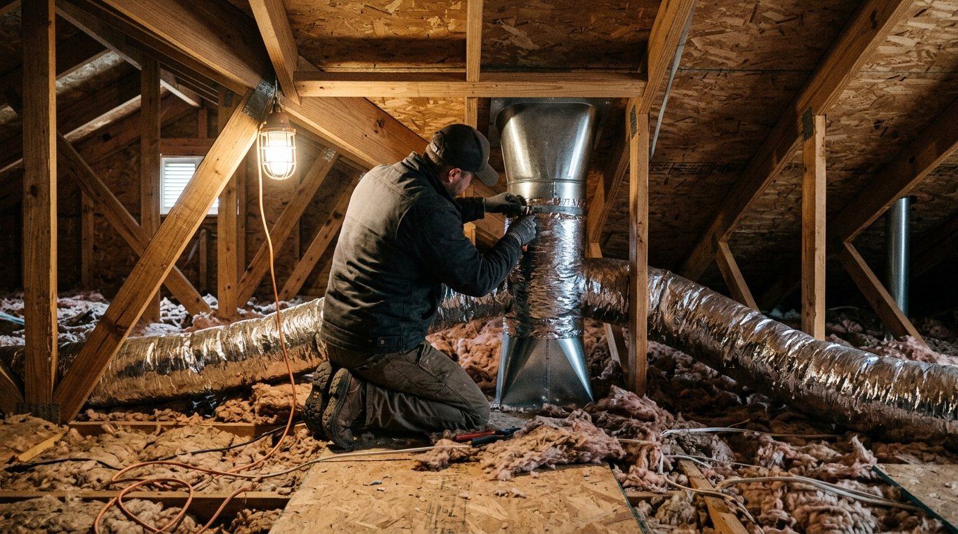 Technician strapping new insulated flex duct in an attic
