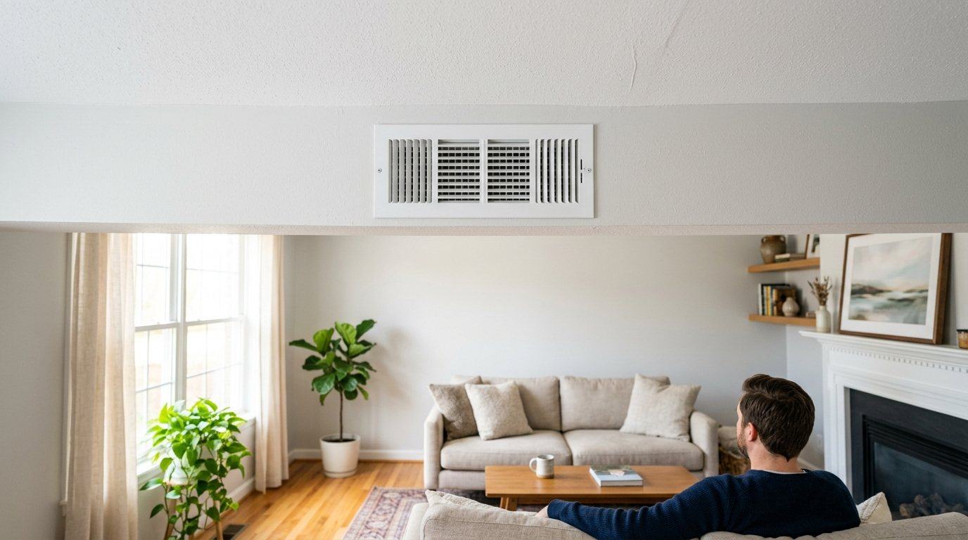Ceiling supply air register in a bright living room