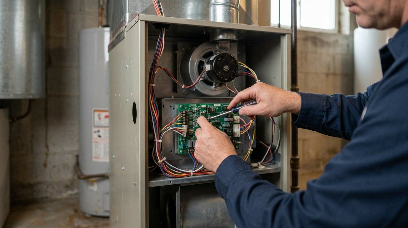 Technician adjusting the control board inside an open furnace