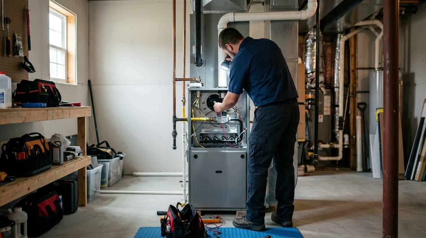Technician inspecting an open gas furnace in a basement utility room