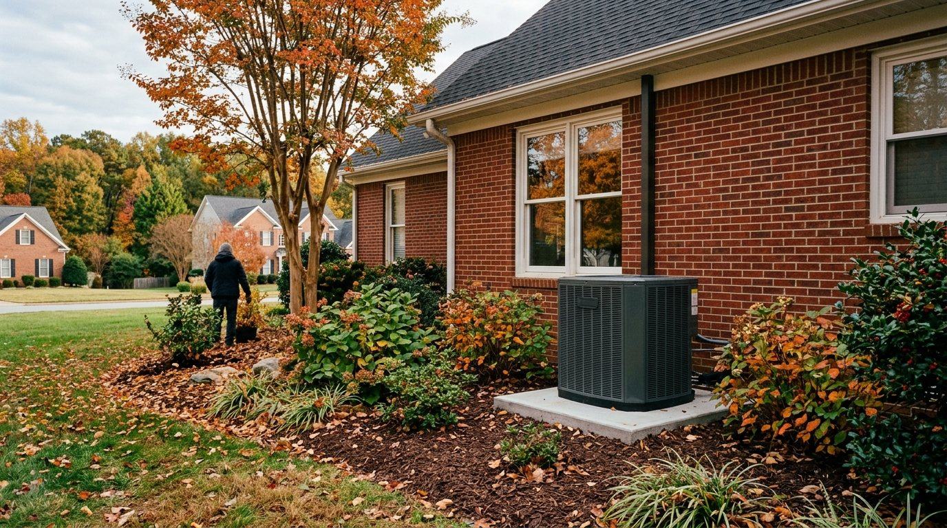 Heat pump outdoor unit beside a brick home in autumn