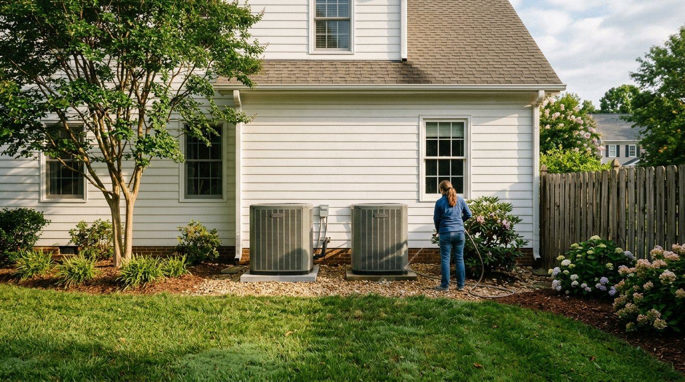 Two heat pump outdoor units along the side yard of a white house