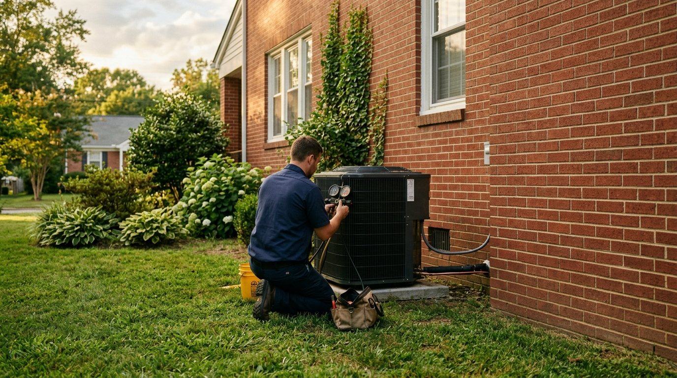 Technician reading refrigerant gauges at an outdoor AC unit beside a brick home