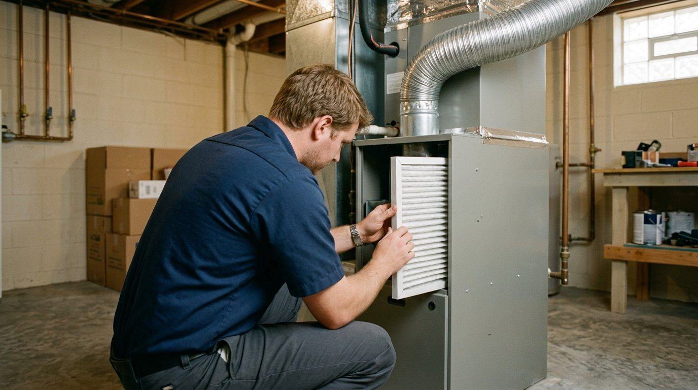 Technician sliding a new pleated air filter into a furnace
