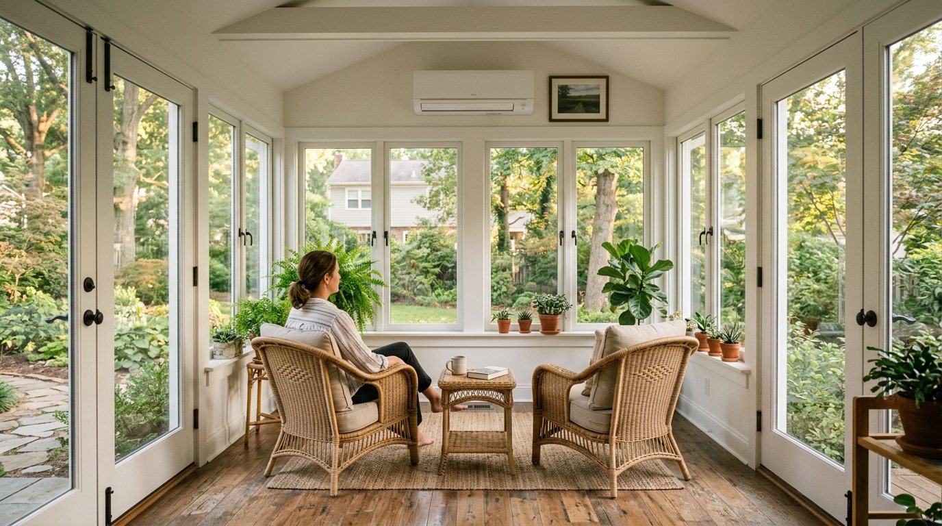 Sunroom with a wall-mounted ductless mini-split unit