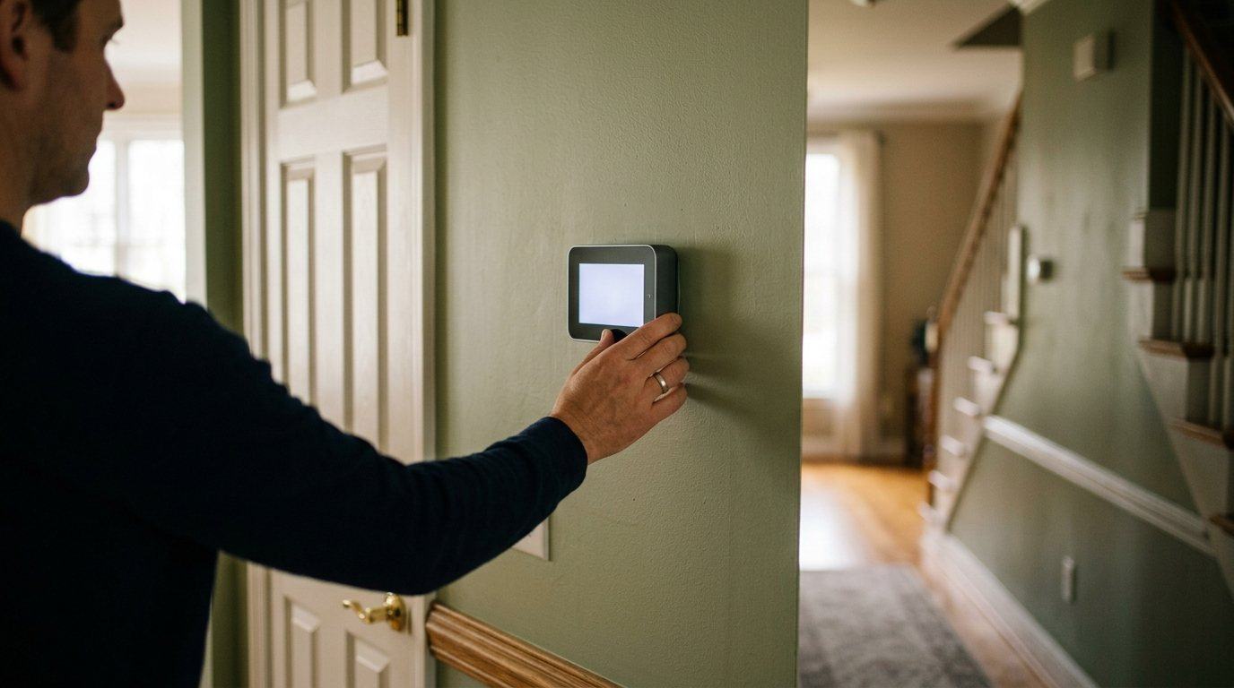 Hand adjusting a smart thermostat in a hallway