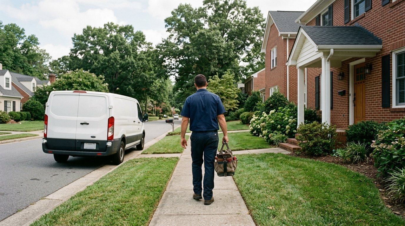 Technician carrying a tool bag up the front walk toward a brick home